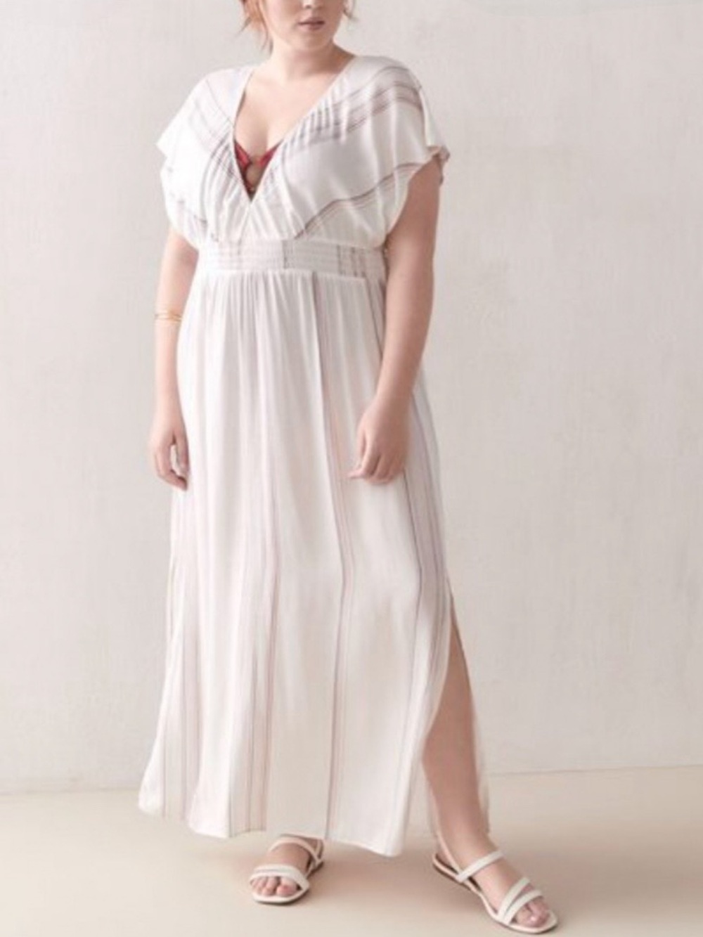 Addition Elle Plunging Maxi Swim Cover-Up Dress Size X Ivory Striped
